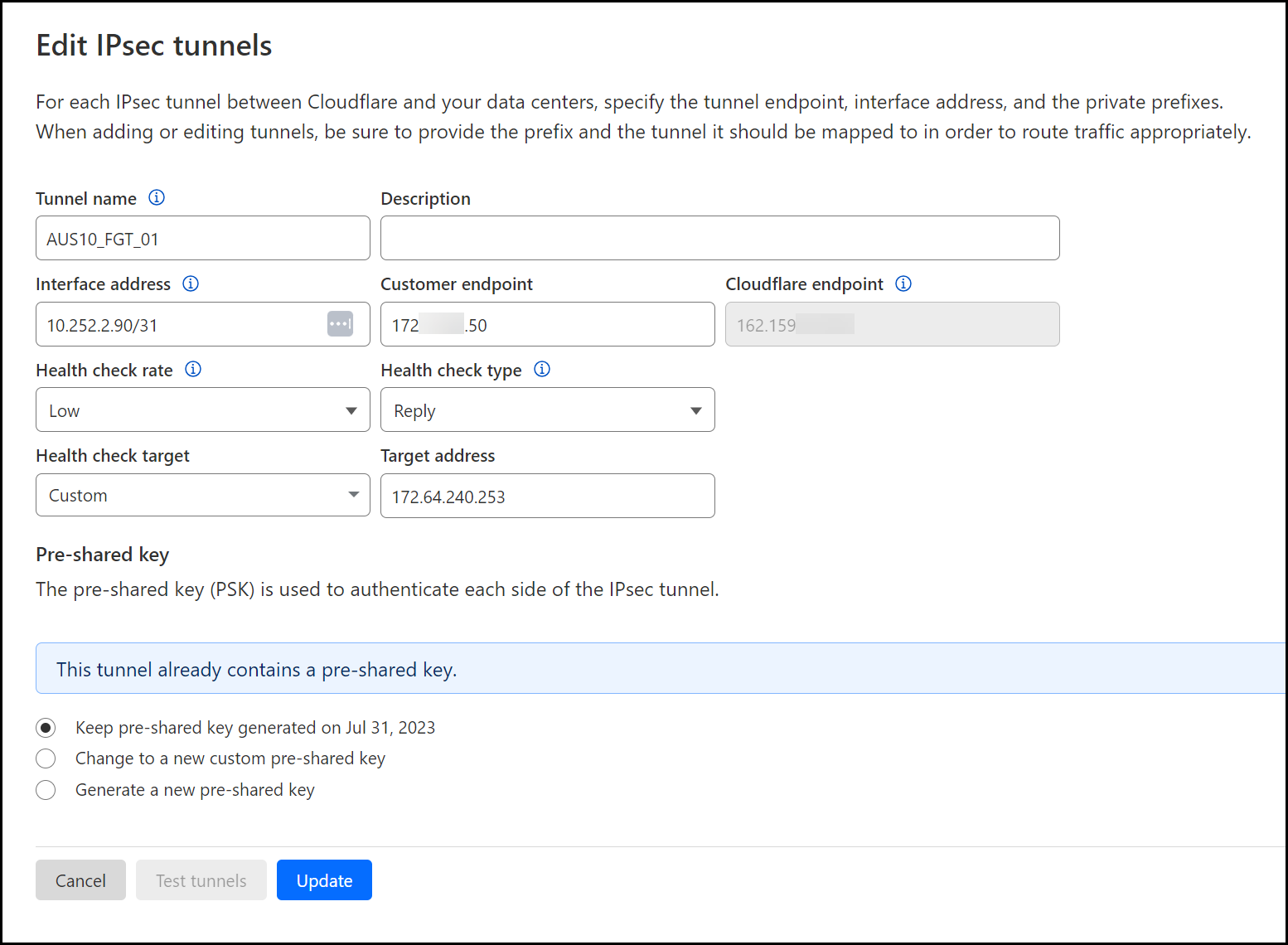 The first IPsec tunnel should have the values mentioned above.