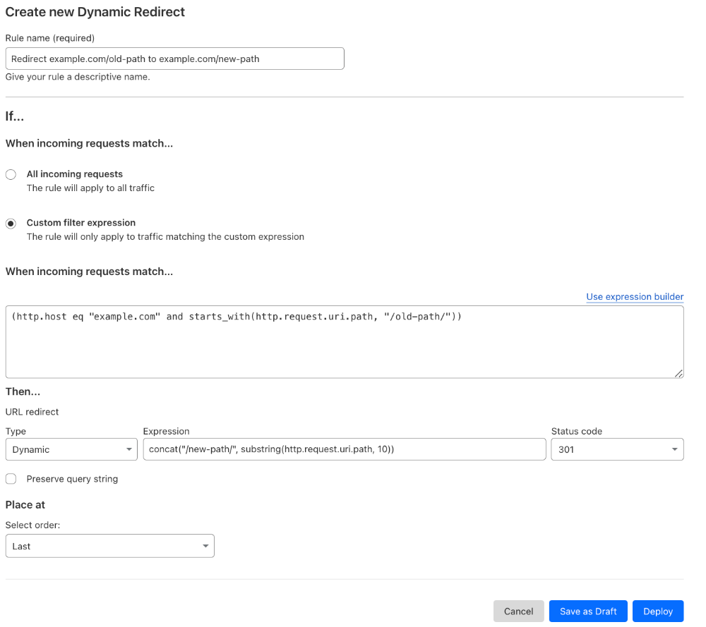 Dynamic redirect matching the &lsquo;Forwarding URL&rsquo; setting of the example Page Rule #2